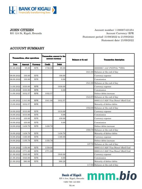 Wyciąg bankowy Rwanda Bank of Kigali, szablon Excel i PDF
